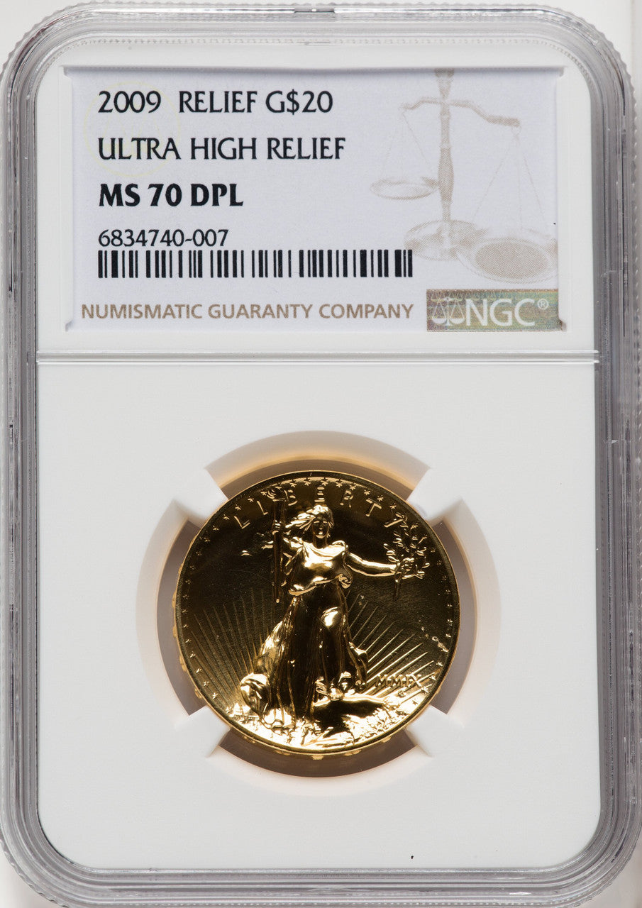 2009 $20 One-Ounce Gold Ultra High Relief Twenty Dollar Deep Mirror Prooflike Brown Label NGC MS70