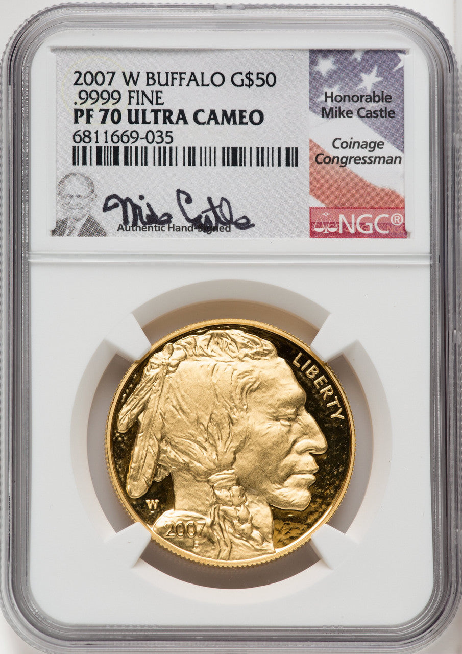 2007-W G$50 One-Ounce Gold Buffalo .9999 Fine Gold Mike Castle NGC PF70