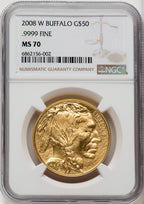 2008-W $50 One-Ounce Gold Buffalo Brown Label NGC MS70