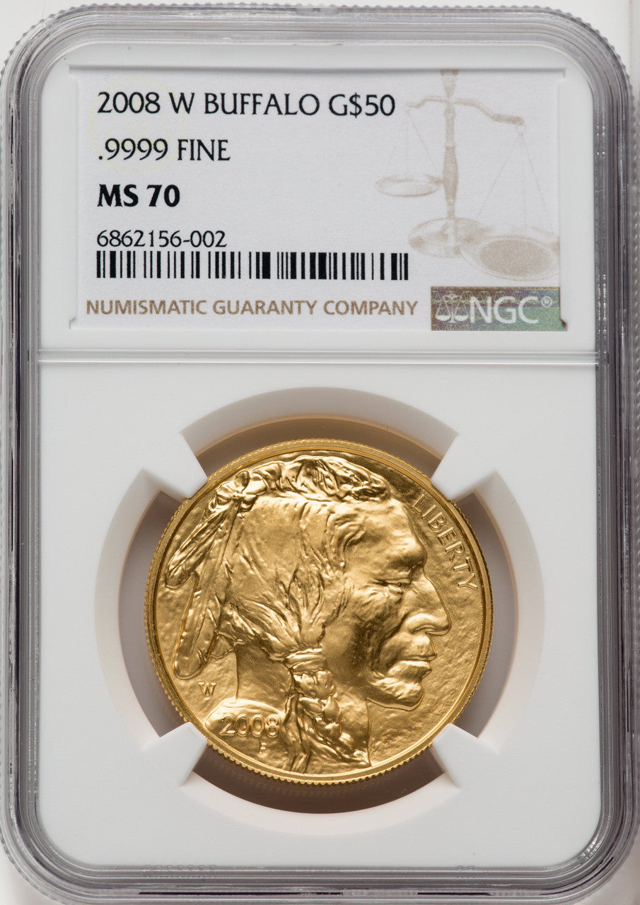 2008-W $50 One-Ounce Gold Buffalo Brown Label NGC MS70