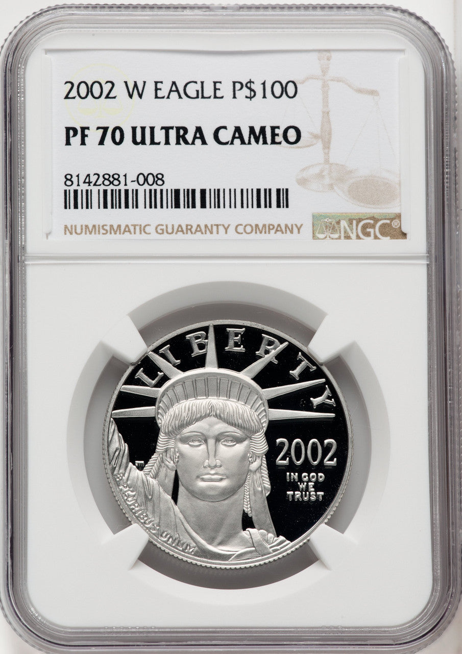 2002-W $100 One-Ounce Platinum Eagle Statue of Liberty Brown Label NGC PF70