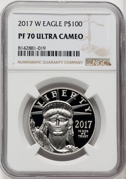 2017-W $100 One-Ounce Platinum Eagle Statue of Liberty 20th Anniversary Brown Label NGC PF70