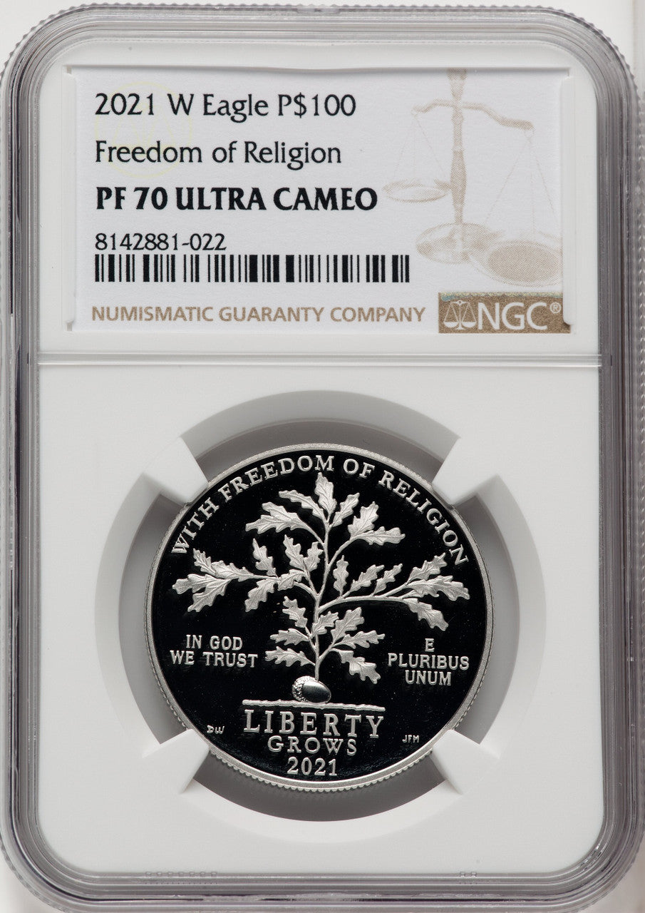 2021-W $100 One-Ounce Platinum Eagle Freedom of Religion Brown Label NGC PF70