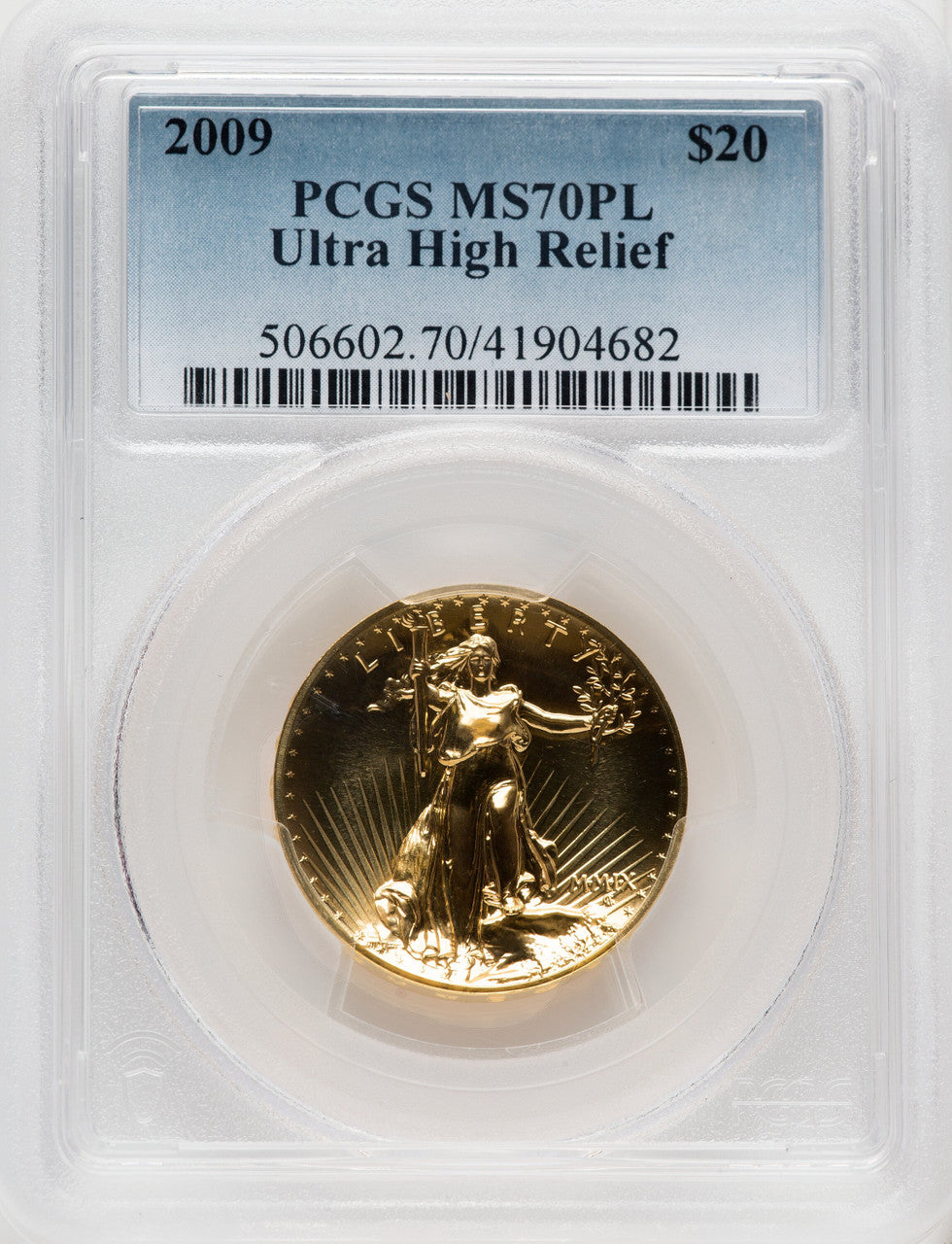 2009 $20 One-Ounce Gold Ultra High Relief PL Blue Gradient PCGS MS70
