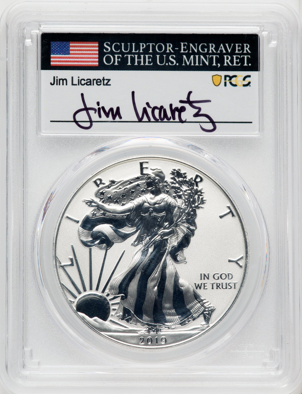 2019-S S$1 Silver Eagle Reverse Proof First Day of Issue Jim Licaretz PCGS PR70