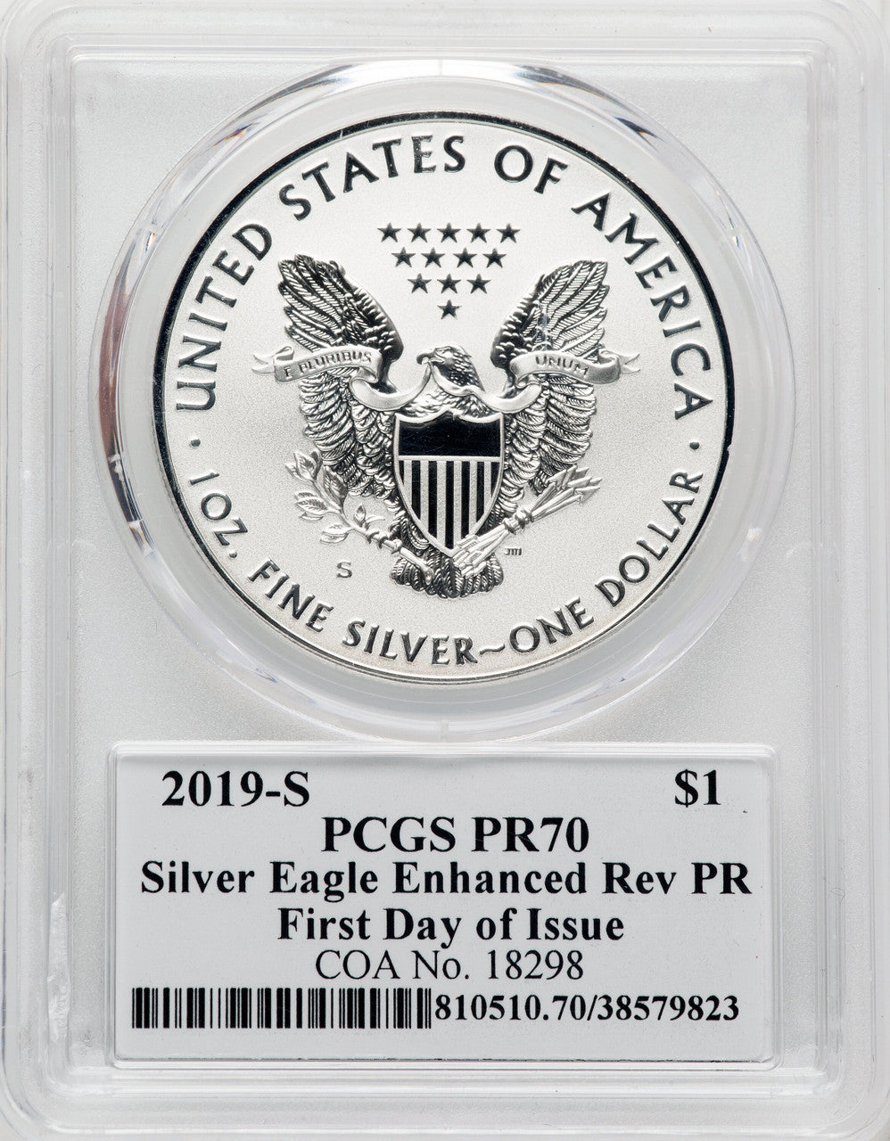 2019-S S$1 Silver Eagle Reverse Proof First Day of Issue Gary Whitley Signature PCGS PR70