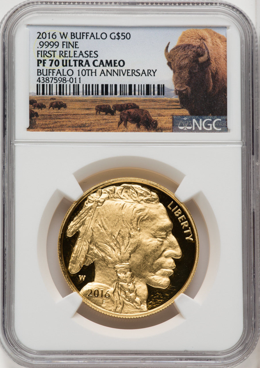 2016-W $50 One-Ounce Gold Buffalo First Strike FR Bison Label NGC PF70