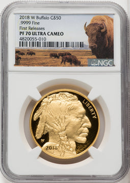 2018-W $50 One-Ounce Gold Buffalo First Strike FR Bison Label NGC PF70
