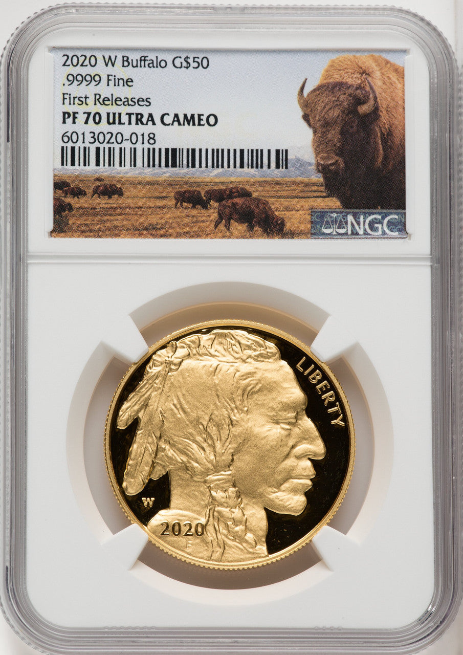 2020-W G$50 Gold Buffalo DCAM FR Bison Label NGC PF70