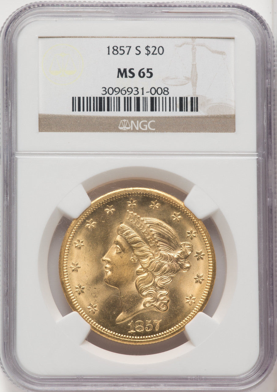 1857-S $20 Liberty Double Eagle NGC MS65