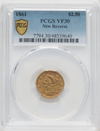1861 $2.50 New Reverse Type 2 Liberty Quarter Eagle PCGS VF30