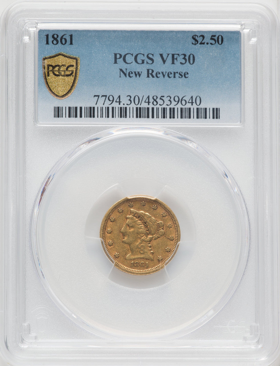 1861 $2.50 New Reverse Type 2 Liberty Quarter Eagle PCGS VF30