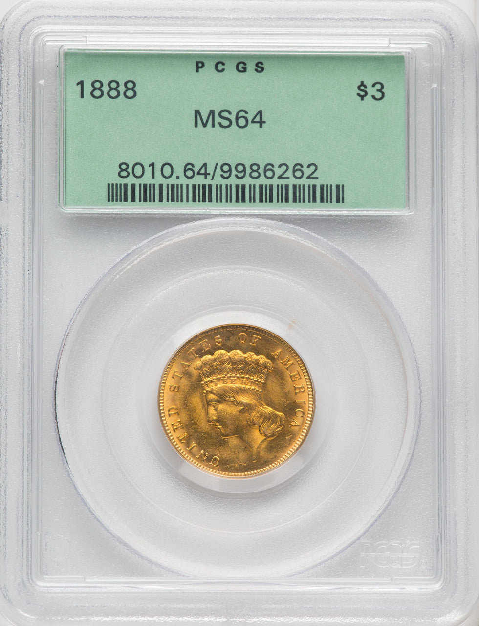 1888 $3 Three Dollar Gold Pieces PCGS MS64
