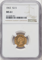 1862 $2.50 Liberty Quarter Eagle NGC MS61