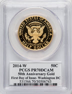 2014-W 50C Kennedy Gold 50th Anniversary First Day of Issue - Washington Proof Kennedy Half Dollar PCGS PR70