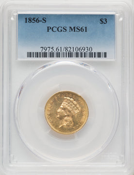 1856-S $3 Three Dollar Gold Pieces PCGS MS61