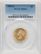 1856-S $3 Three Dollar Gold Pieces PCGS MS61
