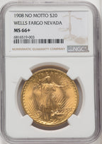 1908 NM $20 Wells Fargo Saint-Gaudens Double Eagle NGC MS66+