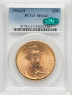 1924-D $20 CAC Saint-Gaudens Double Eagle PCGS MS64+