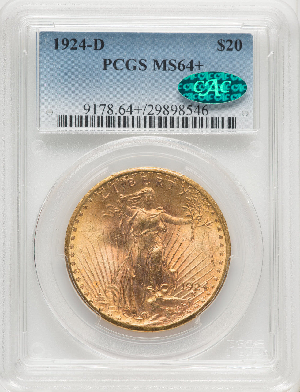 1924-D $20 CAC Saint-Gaudens Double Eagle PCGS MS64+