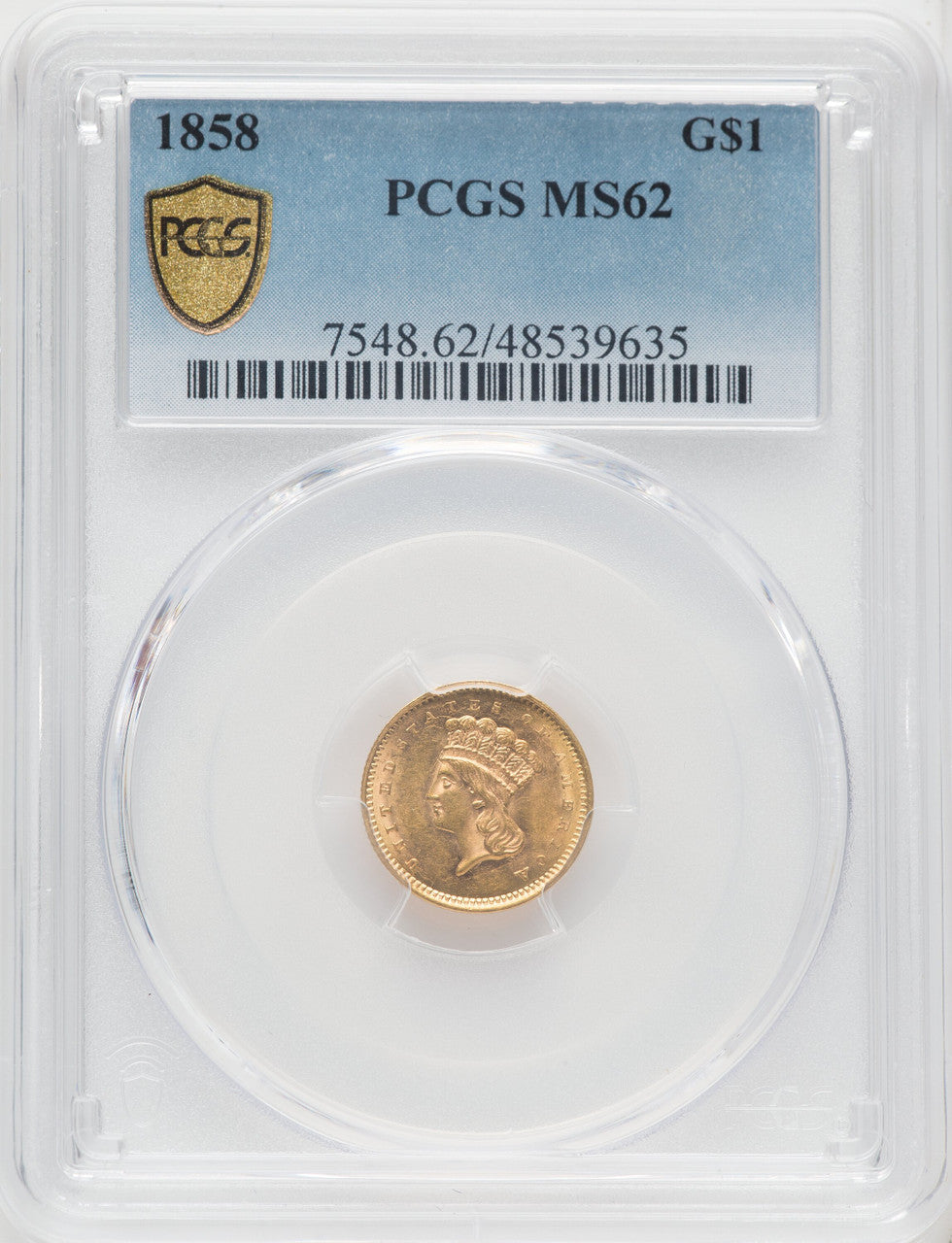 1858 G$1 Gold Dollar PCGS MS62