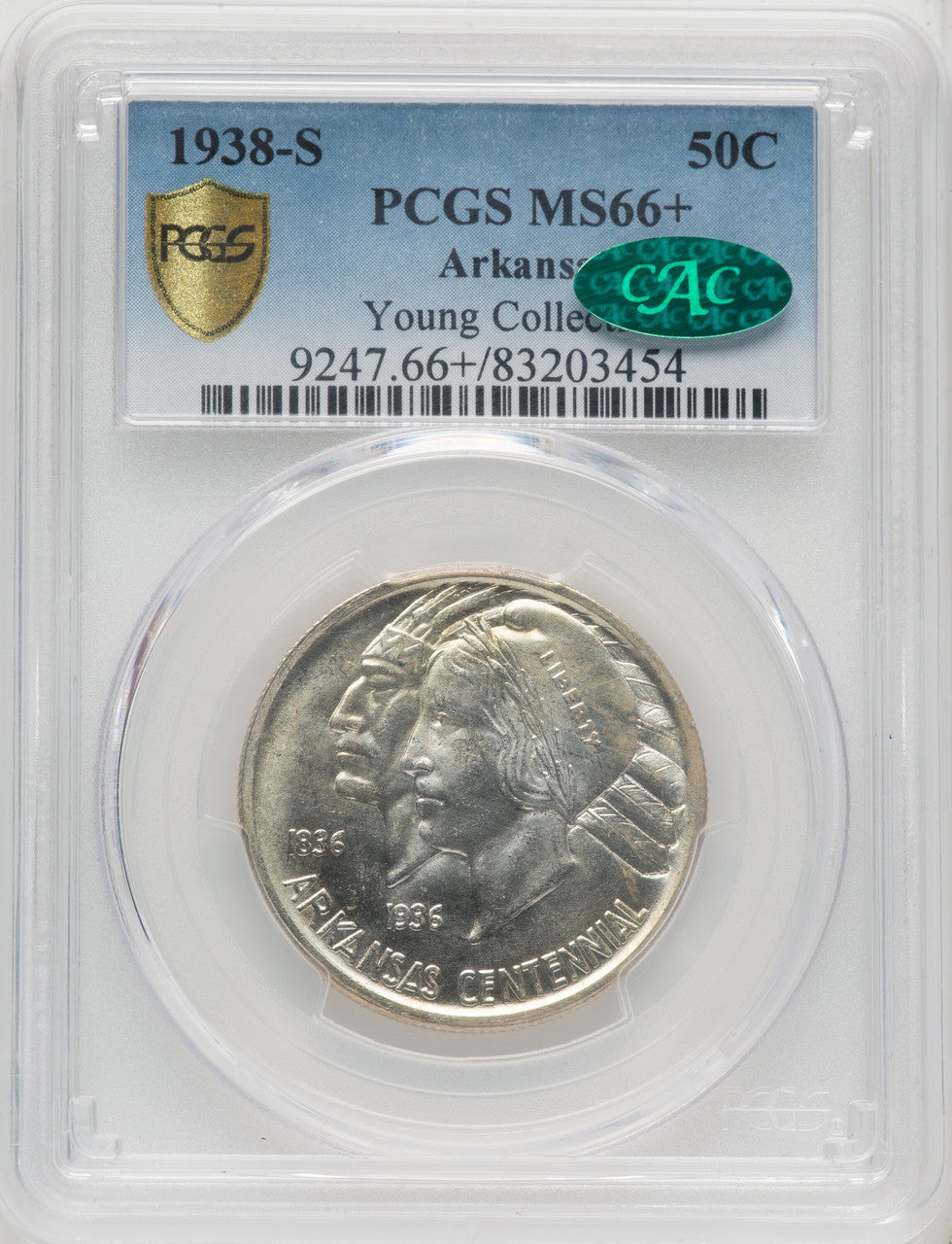 1938-S 50C Arkansas CAC Commemorative Silver PCGS MS66+