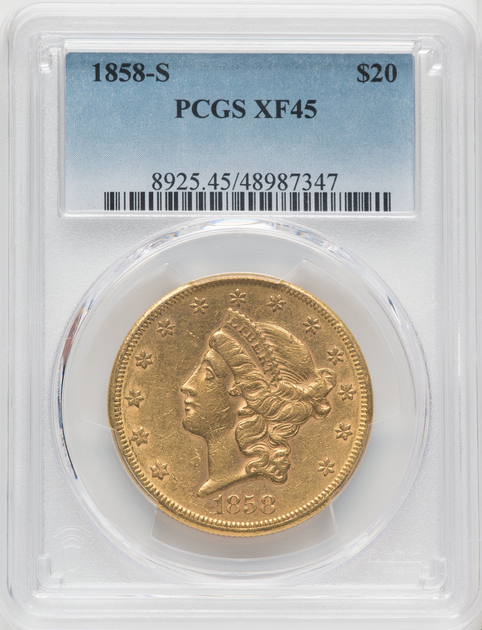 1858-S $20 Liberty Double Eagle PCGS XF45