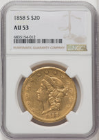 1858-S $20 Liberty Double Eagle NGC AU53