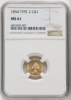 1854 G$1 Type Two Gold Dollar NGC MS61 (763875059)