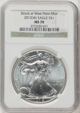 2013-W S$1 Silver Eagle Struck at West Point Brown Label NGC MS70