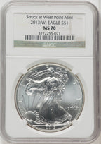 2013-W S$1 Silver Eagle Struck at West Point Brown Label NGC MS70