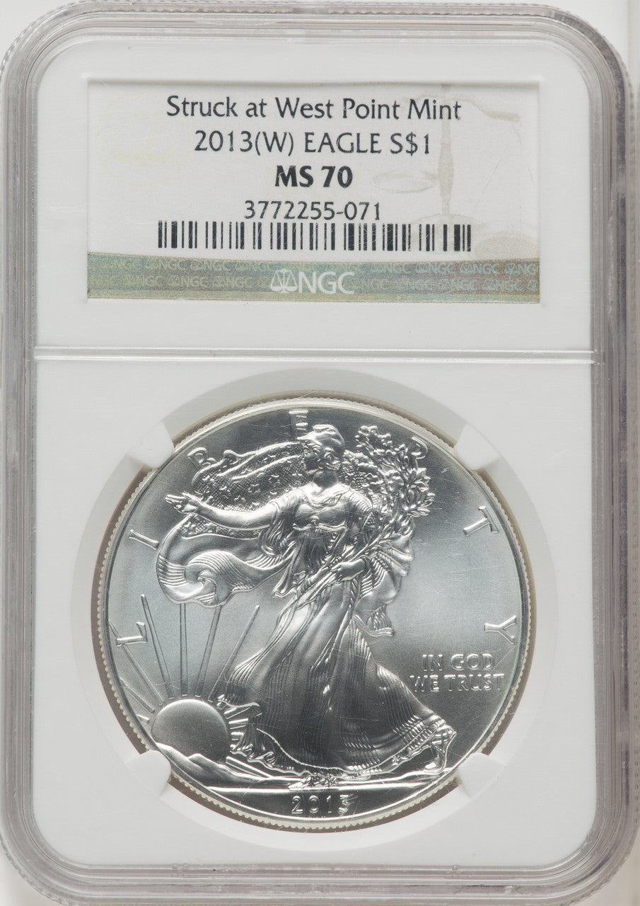 2013-W S$1 Silver Eagle Struck at West Point Brown Label NGC MS70