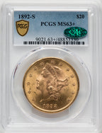 1892-S $20 CAC Liberty Double Eagle PCGS MS63+