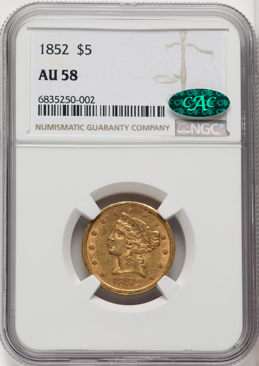 1852 $5 CAC Liberty Half Eagle NGC AU58