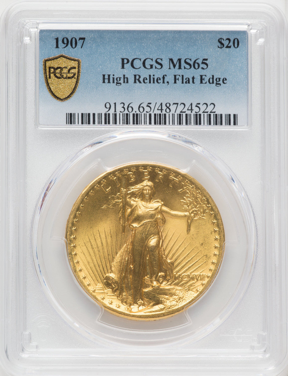 1907 $20 Flat Rim High Relief Double Eagle PCGS MS65