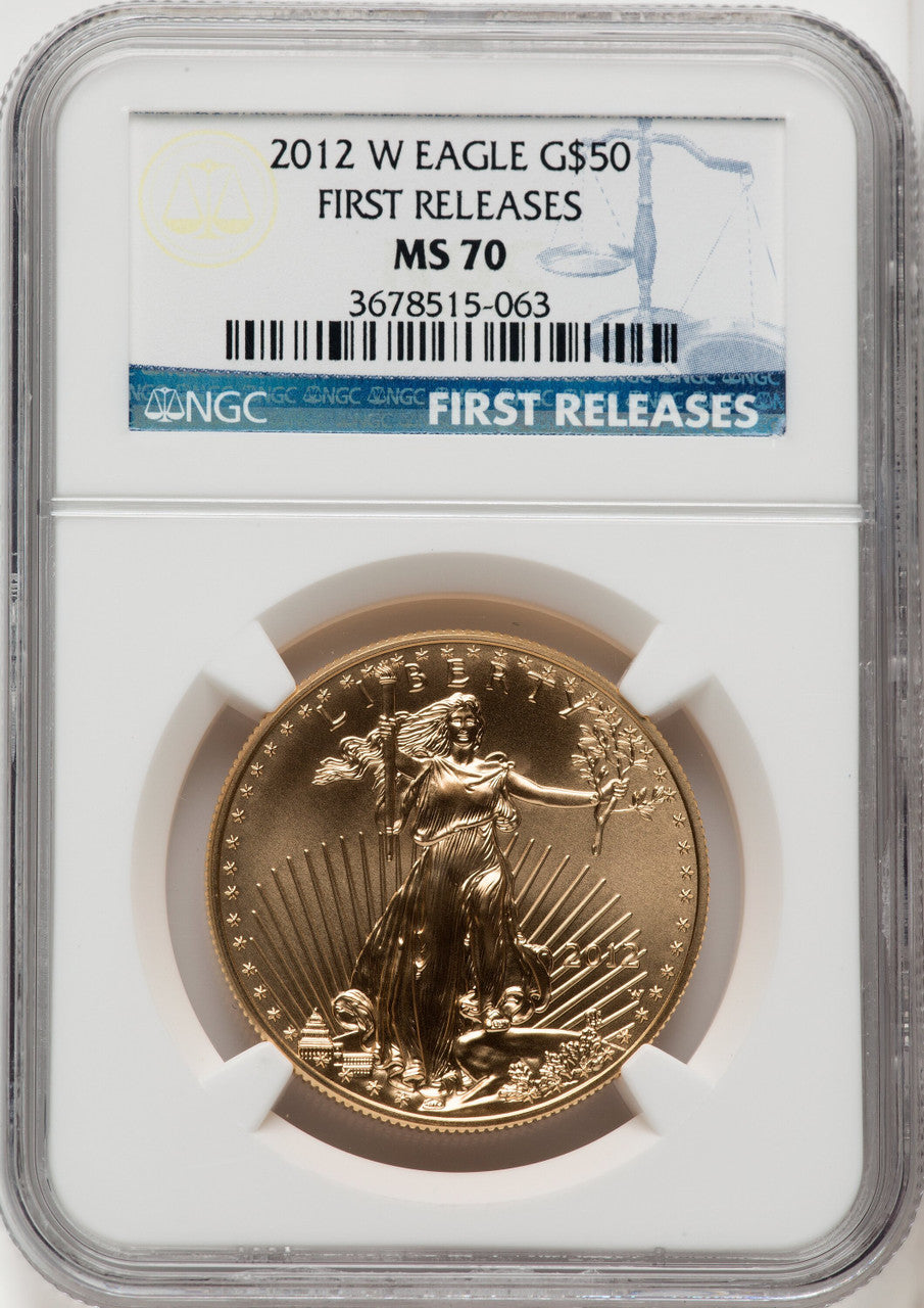 2012-W $50 One Ounce Gold Eagle First Strike FR Blue NGC MS70
