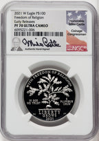 2021-W $100 One-Ounce Platinum Eagle Freedom of Religion First Strike ER Mike Castle NGC PF70