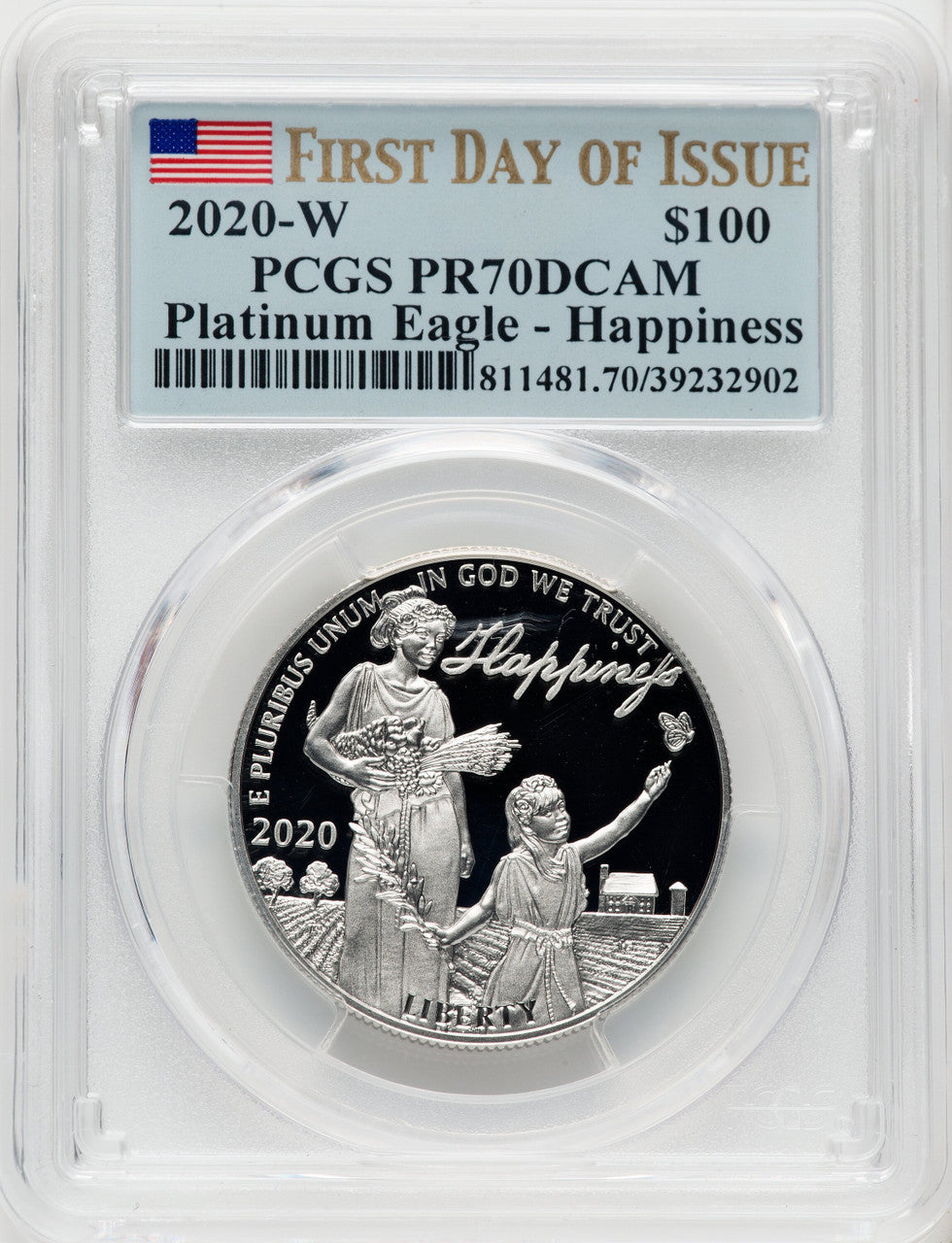 2020-W $100 One Ounce Platinum Eagle Happiness First Day of Issue PRDC FDI Flag PCGS PR70
