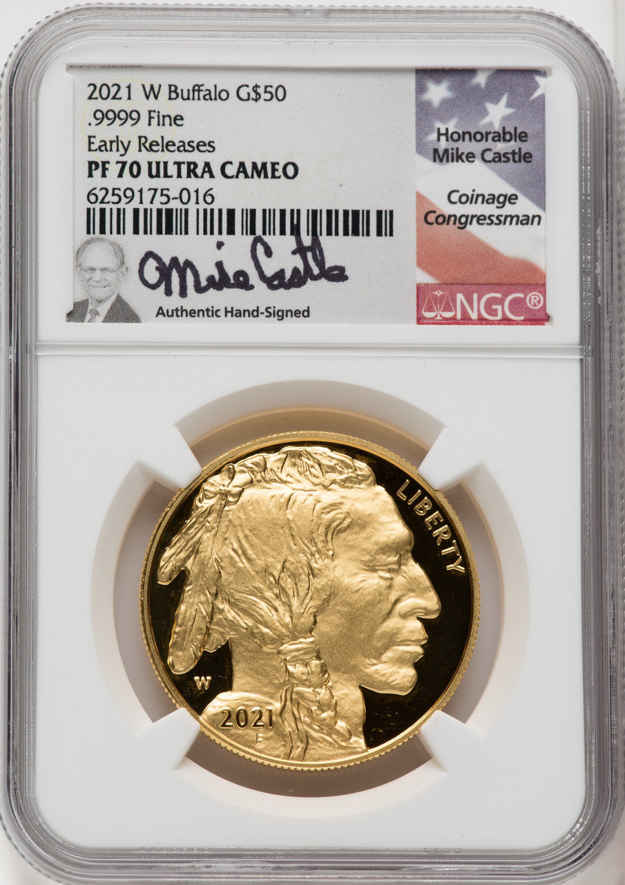 2021-W G$50 Gold Buffalo First Strike DCAM ER Mike Castle NGC PF70