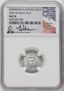 2007-W 4-Coin Set Burnished Platinum Eagles NGC MS70 Thomas Uram Signed