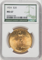 1924 $20 Saint Green Label Saint-Gaudens Double Eagle NGC MS67