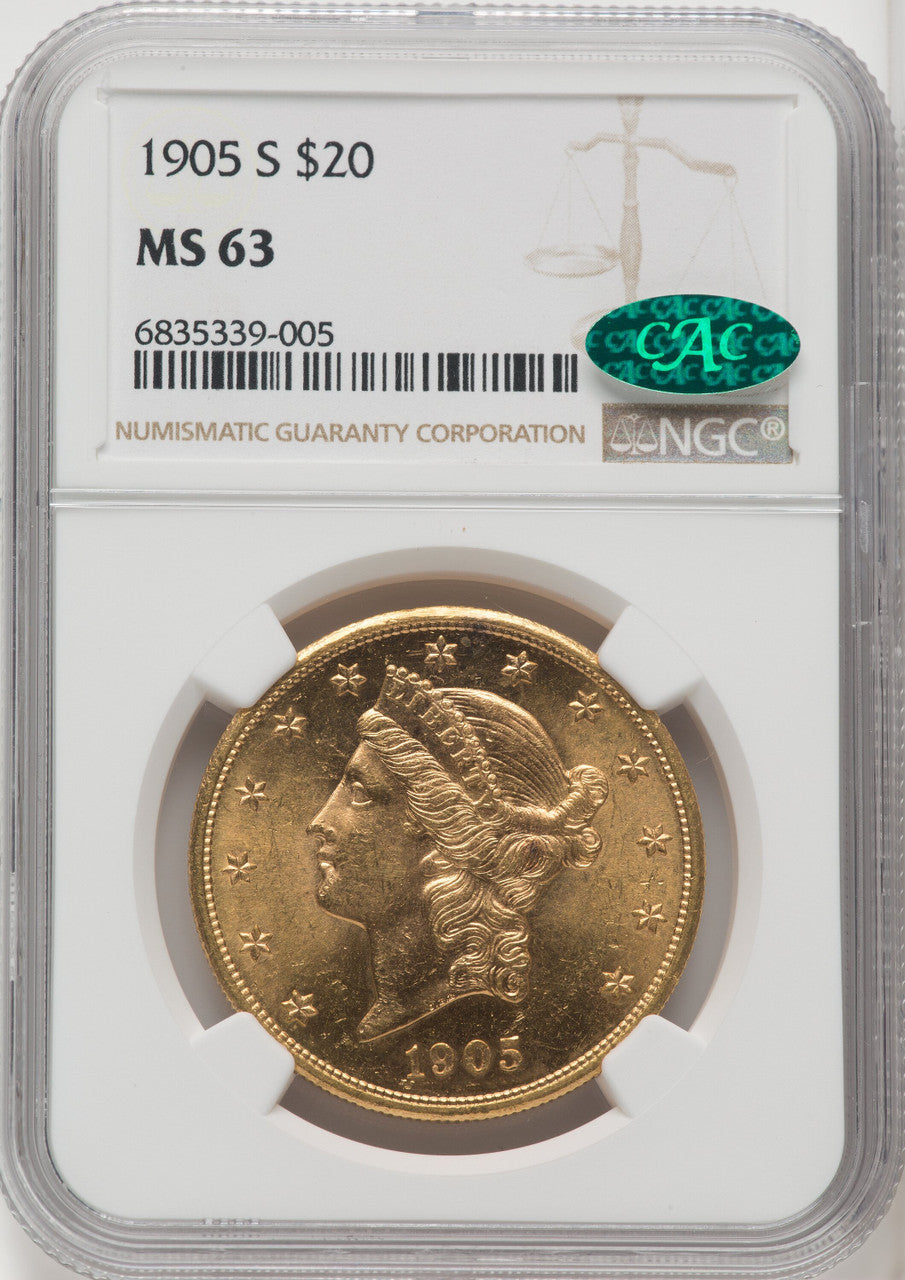 1905-S $20 CAC Liberty Double Eagle NGC MS63