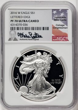 2016-W S$1 Silver Eagle Lettered Edge 30th Anniversary Mike Castle NGC PF70