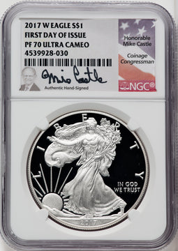 2017-W $1 Silver Eagle First Day of Issue Mike Castle NGC PF70