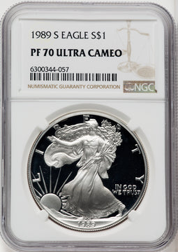1989-S S$1 Silver Eagle PRDC Brown Label NGC PF70