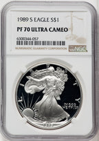 1989-S S$1 Silver Eagle PRDC Brown Label NGC PF70