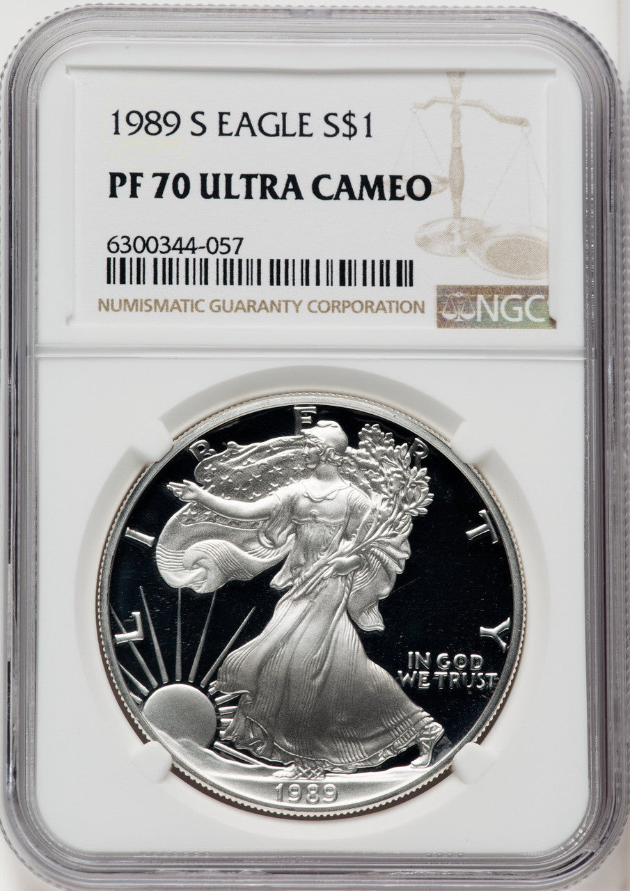1989-S S$1 Silver Eagle PRDC Brown Label NGC PF70
