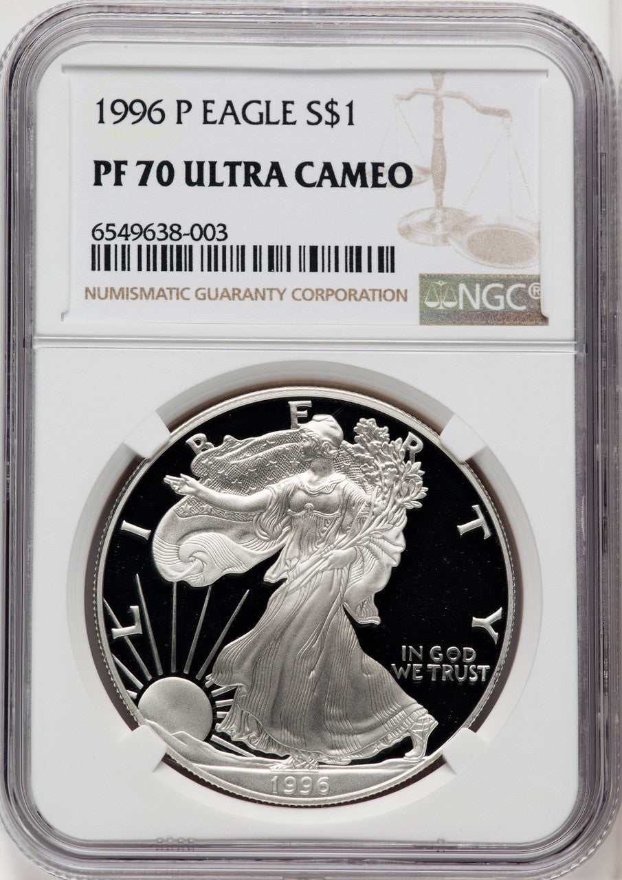 1996-P S$1 Silver Eagle Brown Label NGC PF70