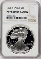 1998-P S$1 Silver Eagle Brown Label NGC PF70