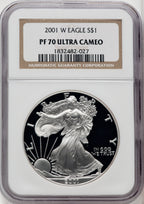 2001-W S$1 Silver Eagle Brown Label NGC PF70